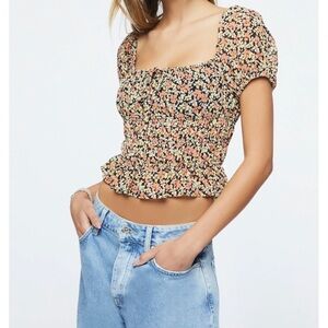 Forever 21 Floral Ruched Puff Sleeve Crop Top Small